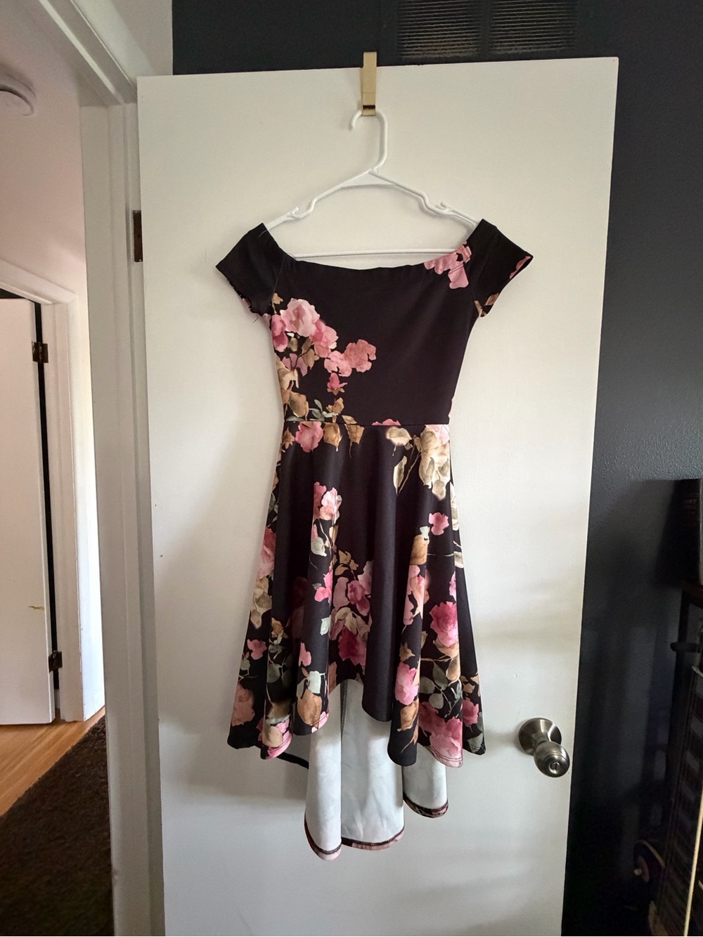 Windsor Off-Shoulder High-Low Dress - Black with Pink & Cream Floral